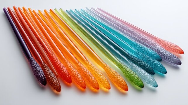 Colorful, slender glass rods, arranged in a rainbow spectrum. Each rod features a textured, bulbous tip
