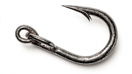 Obraz premium A close-up photograph reveals a single, metallic fish hook with a sharp, barb tip and an eyelet for attaching line, set against a stark white background