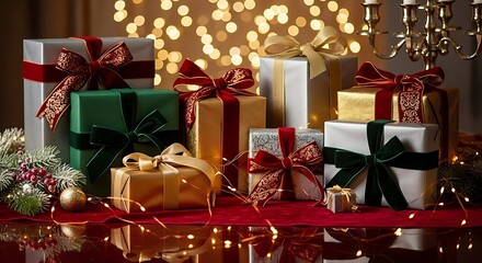 Festive Christmas Gift Boxes with Ribbons and Decorations in Warm Holiday Setting