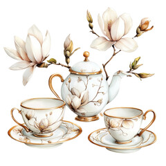 Tea set with magnolia on transparent background