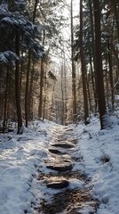 Snowy path through a forest. Sunlight streams through the trees