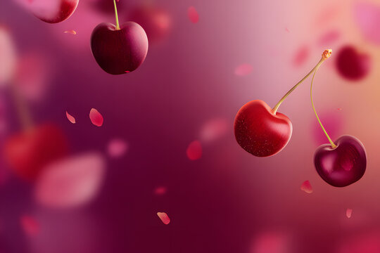 smooth red and pink gradient background with floating cherries creating an elegant composition with copy space