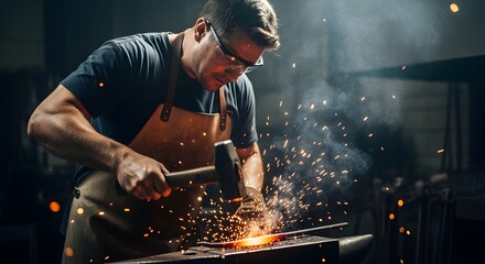 Skilled blacksmith forging metal with sparks flying in a workshop environment, showcasing craftsmanship and industrial work processes
