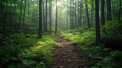 Discover a magical forest path bathed in sunlight, perfect for peaceful hiking and nature escapes with lush green trees and vibrant foliage, inspiring adventure