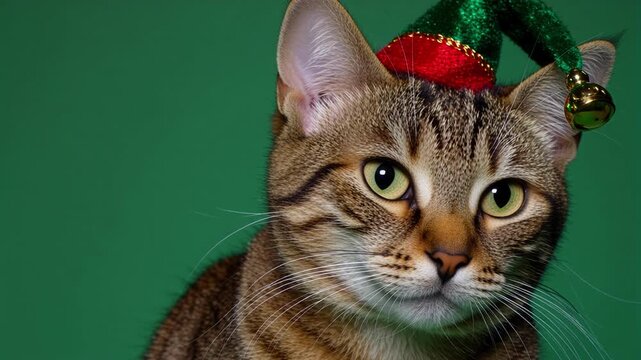 Mischievous Tabby Cat in Elf Hat 4K Video Footage A playful feline close-up with a tiny green elf hat and bell, perfect for holiday cheer