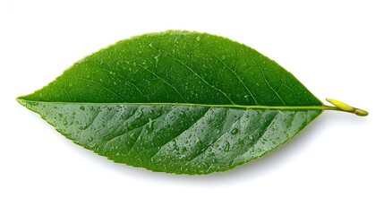 Fototapeta premium Close-up of a single, vibrant green leaf with water droplets, set against a plain white background
