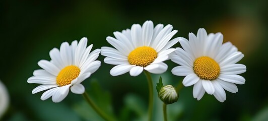 Three white daisies with yellow centers against a dark green background