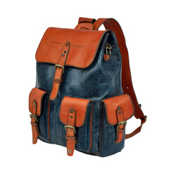 A blue and orange leather backpack with multiple pockets and buckle closures on a black background