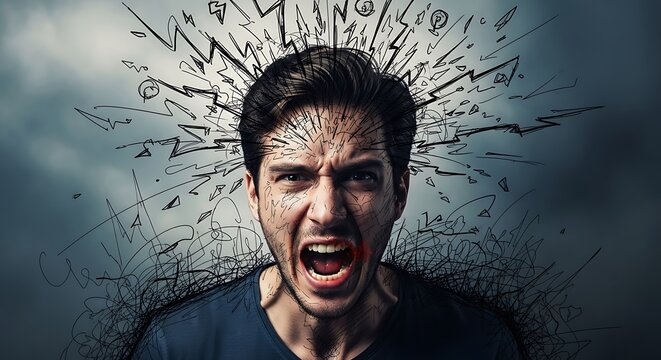 Angry Man Shouting with Frustration Expressing Rage in Dark Stormy Environment