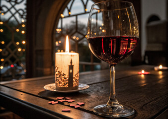 a glass of wine with a candle on the table