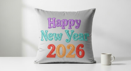 Cozy New Year 2026 Throw Pillow with Embroidered Text on White Surface