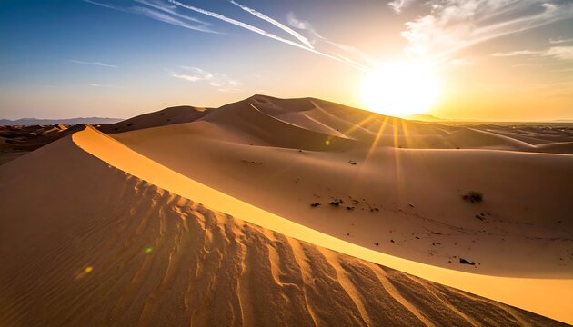Golden sunlight shines over sand dunes of a desert landscape under a streaked, clear blue sky at sunrise - Powered by Adobe