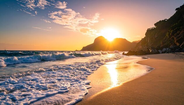 Golden sunset at a beach, waves crashing on sandy shore with rocky cliff in the background, serene and scenic