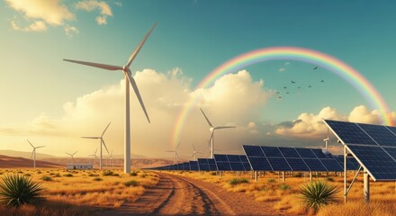 Naklejka premium A vibrant landscape featuring wind turbines and solar panels under a rainbow, symbolizing sustainable energy and environmental harmony, showcasing clean power generation
