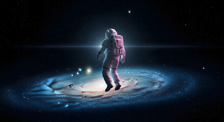 Astronaut floating above swirling galaxy, perfect for illustrating space exploration, scientific discovery, and dreams of interstellar travel and cosmic wonder
