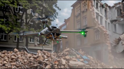 Drone examines debris in city after natural disaster, revealing extensive damage and destruction