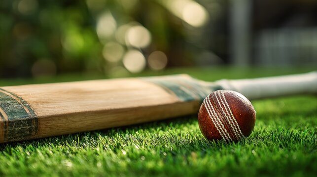 Cricket bat and ball on green grass, blurry background, warm light, outdoors