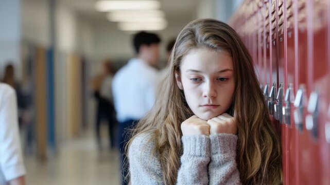 Young girl standing by lockers in a school hallway looks concerned during a busy school day