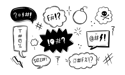 Hand-drawn Black and White Speech Bubbles with Profanity and Symbols
