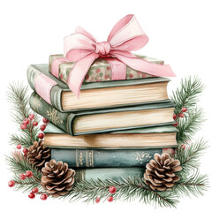 Books and gift with bow on transparent background