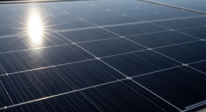 Close up of solar panel array with sun reflection, showcasing renewable energy and sustainable technology for a greener future