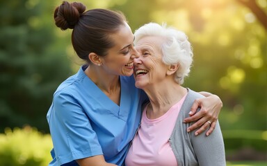 Support, hug and portrait with nurse and old woman in garden for caregiver, occupational therapy and patient. Helping others, volunteer and healthcare with people in retirement home for medicine