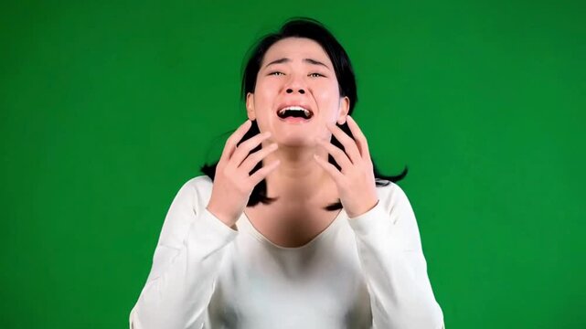 A person with an embarrassed expression stands in front of a green screen background.