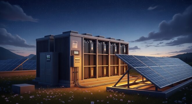 Largescale solar power plant with battery storage at night, showcasing renewable energy infrastructure for sustainable electricity generation and distribution - Powered by Adobe