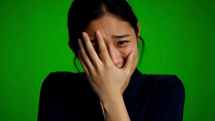 Embarrassed reaction — shy face, hand covers face half — green screen background 
