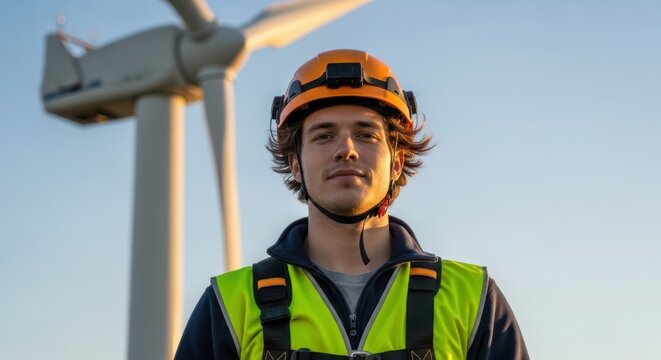 Portrait of a young engineer in protective workwear standing in front of a wind turbine on a sunny day with a clear blue sky - Powered by Adobe