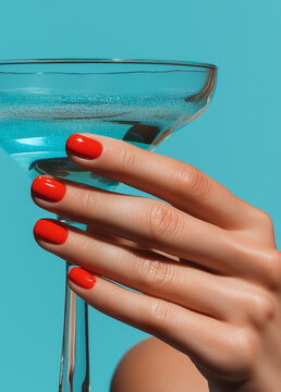 A close up of a hand with red nails holding a coupe glass with sparkling liquid. Bold color contrast and trendy lifestyle composition with modern aesthetic.