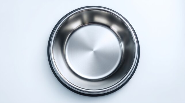 Top-down view of a circular, stainless steel pet food bowl with a dark grey non-slip rubber base, set against a bright white background; showcasing a polished, reflective surface - Powered by Adobe