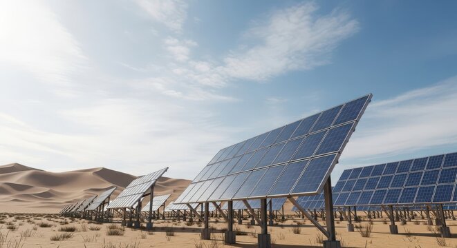 Rows of solar panels stretching across a desert landscape under a bright blue sky, harnessing renewable energy from the sun for electricity - Powered by Adobe