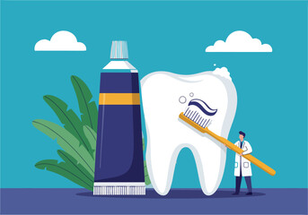 A tiny dentist brushes a giant tooth with toothpaste and a toothbrush, next to a large tube of toothpaste and green leaves.