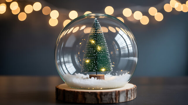 Miniature Christmas Tree Inside a Glass Snow Globe with Twinkling Lights winter holiday