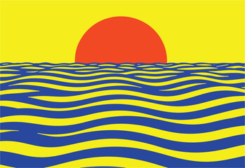 Stylized sunset over water with yellow waves and a red sun.