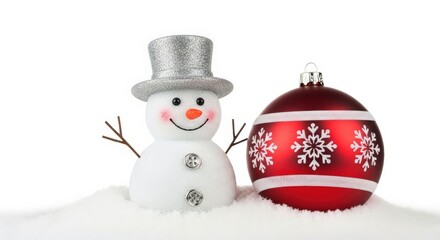 Fototapeta premium Charming Snowman with Red Holiday Bauble in Winter Setting