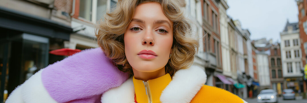 A confident woman with soft curls and bold makeup poses in a furry lavender and yellow coat on a lively European street. Contemporary street fashion with Y2K aesthetics and colorful flair.