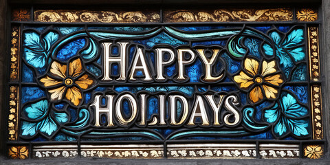 Obraz premium Church with stained glass Happy Holidays message