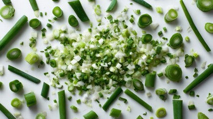 Assorted chopped green onions and scallions, scattered in a vibrant, fresh arrangement on a white background