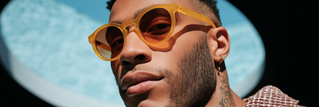 A man in amber-hued sunglasses and printed sweater looks away dramatically under stylized lighting. Bold fashion portrait blending retro cool with modern expression.