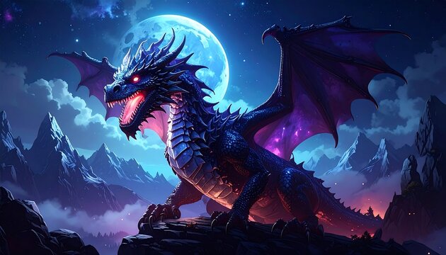 Majestic dragon stands atop a rocky peak under a bright, full moon in a starry night sky - Powered by Adobe