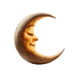 Illustration of a crescent moon with a human face smiling on a black background close up view
