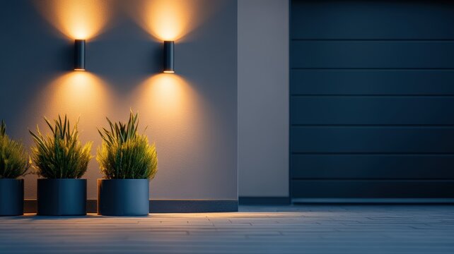 Modern luxury hotel entrance at night with warm wall lights and potted plant decor, stylish design concept expressing tranquility and exclusivity in upscale hospitality architecture - Powered by Adobe