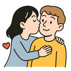 Woman kissing man cheek, happy couple, love, affection, romance, cartoon, heart symbol