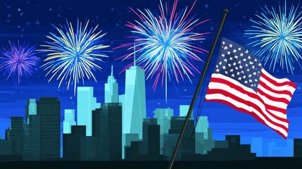 Flat Independence Day illustration featuring fireworks above modern city skyline with waving American flag, celebrating patriotic spirit and national pride in festive holiday design.