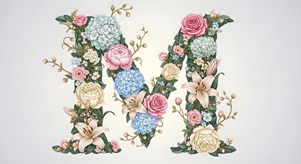 A beautifully arranged floral letter M composed of various colorful flowers including roses, lilies, hydrangeas, and other blossoms on a light background