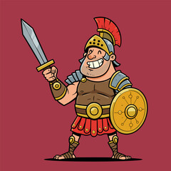 A cheerful, cartoon Roman centurion holding a gladius sword and shield against a maroon background.