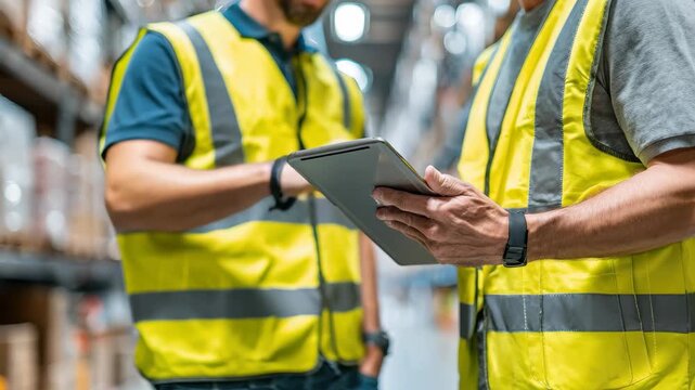 Workers collaborate and discuss tasks while using a tablet in a warehouse aisle during their shift