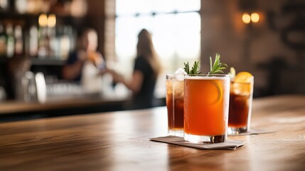 Vibrant bar interior perfectly blending modern design with vintage elements showcasing refreshing cocktails on wooden countertop